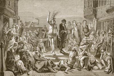 Solomon Eagle predicando durante la plaga de Londres, grabado por J. y G.P. Nicholls de Paul Falconer Poole